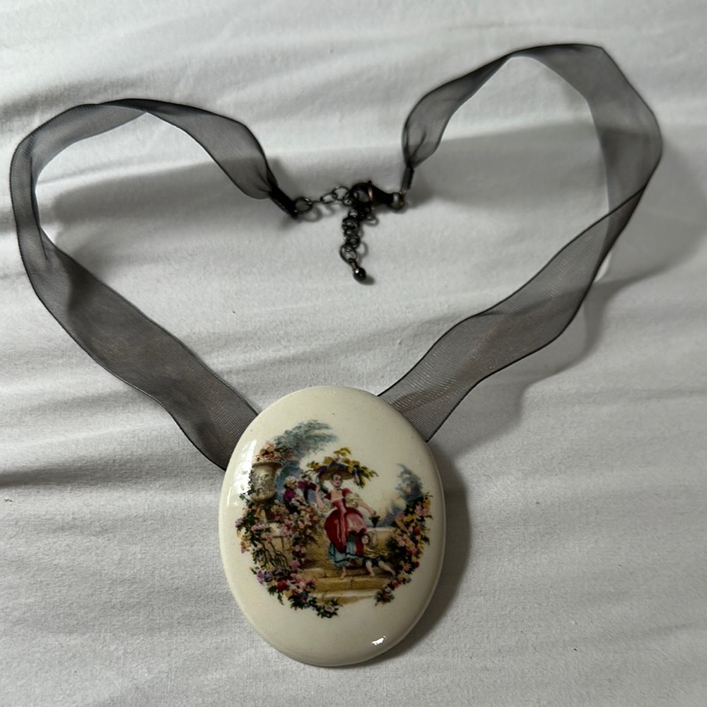 Artistic Pendant Necklace or Brooch with Sheer Black Ribbon